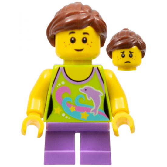 Girl, Dolphin Top, Short Medium Lavender Legs, Reddish Brown Ponytail and Swept Sideways Fringe