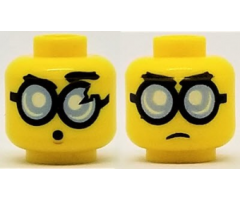 Minifigure, Head Dual Sided Glasses Round with Bright Light Blue Lenses and Black Frames, Frown / Surprised Pattern (Steve)