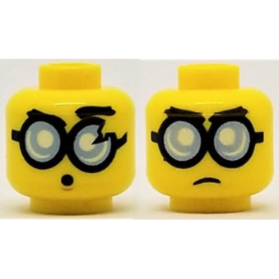 Minifigure, Head Dual Sided Glasses Round with Bright Light Blue Lenses and Black Frames, Frown / Surprised Pattern (Steve)