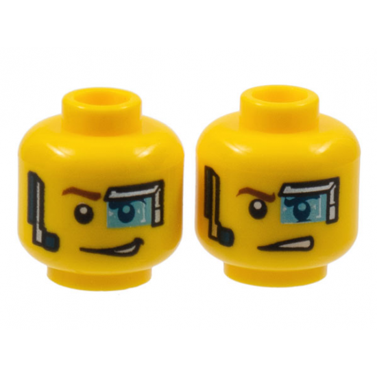 Minifigure, Head Dual Sided Digital Eye Glass over Left Eye, Smirk / Determined Pattern (Curtis Bolt)