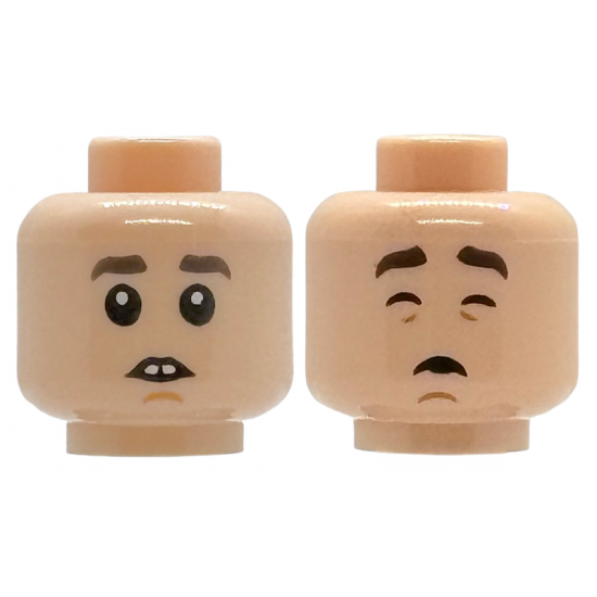 Minifigure, Head Dual Sided Child Dark Brown Eyebrows, Medium Nougat Chin Dimple, Neutral Open Mouth with Buck Teeth / Sleeping with Eyebrows Raised Pattern