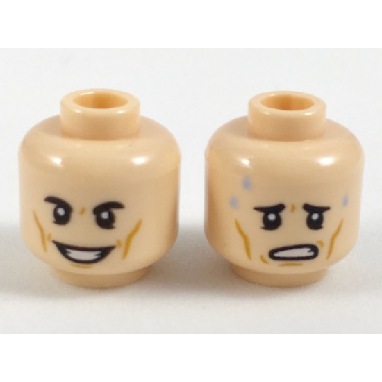 Minifigure, Head Dual Sided Black Eyebrows, Dark Orange Cheek Lines, Smiling / Worried with Sweat Drops Pattern