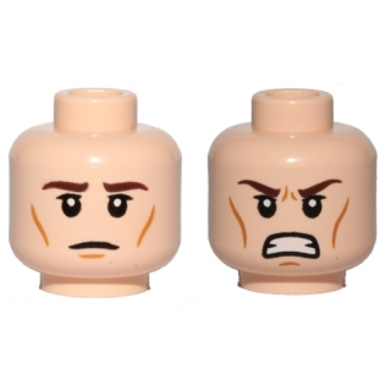 Minifigure, Head Dual Sided Dark Brown Eyebrows, Upper Eyelids, Medium Nougat Cheek Lines and Chin Dimple, Neutral / Angry Bared Teeth Pattern