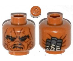 Minifigure, Head Alien SW Weequay with Black Brow, Eyes and Nostrils, Dark Red Facial Lines, Frown, Wrapped Ponytails on Back Pattern