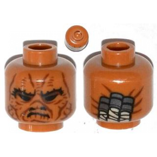 Minifigure, Head Alien SW Weequay with Black Brow, Eyes and Nostrils, Dark Red Facial Lines, Frown, Wrapped Ponytails on Back Pattern