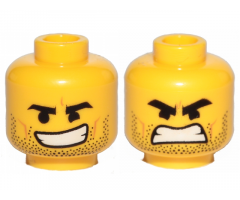 Minifigure, Head Dual Sided Black Eyebrows, Stubble, Open Smile / Open Mouth Angry Pattern (Rex Dangervest)