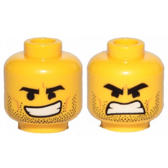 Minifigure, Head Dual Sided Black Eyebrows, Stubble, Open Smile / Open Mouth Angry Pattern (Rex Dangervest)
