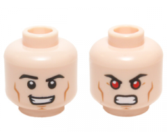 Minifigure, Head Dual Sided Black Eyebrows, Cheek Lines, Chin Dimple, Open Mouth Smirk / Bared Teeth with Red Eyes Pattern (Superman / Hyperion)