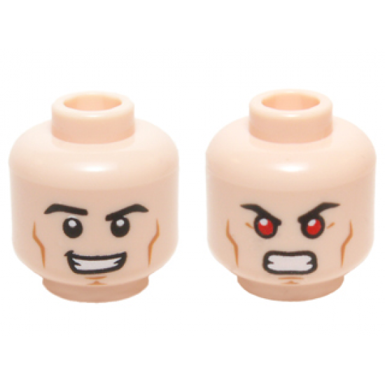 Minifigure, Head Dual Sided Black Eyebrows, Cheek Lines, Chin Dimple, Open Mouth Smirk / Bared Teeth with Red Eyes Pattern (Superman / Hyperion)