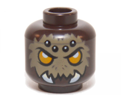 Minifigure, Head Alien Chima Spider with Bright Light Orange Eyes, Dark Tan Fur, Black and White Spots on Forehead, and White Fangs Pattern
