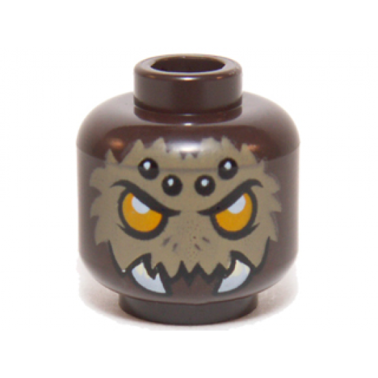 Minifigure, Head Alien Chima Spider with Bright Light Orange Eyes, Dark Tan Fur, Black and White Spots on Forehead, and White Fangs Pattern