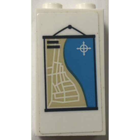 Brick 1 x 2 x 3 with Hanging Tan and Dark Azure Beach Map with Roads and Compass Rose Pattern (Sticker) - Set 60328