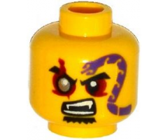 Minifigure, Head Black Eyebrows, Red Eyes with Silver Pupil Right, Goatee, Purple Snake Tattoo, Open Mouth with Fangs Pattern