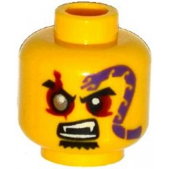Minifigure, Head Black Eyebrows, Red Eyes with Silver Pupil Right, Goatee, Purple Snake Tattoo, Open Mouth with Fangs Pattern