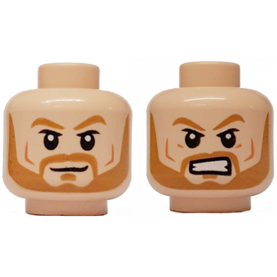 Minifigure, Head Dual Sided Medium Nougat Eyebrows and Beard, Smirk / Angry with Bared Teeth Pattern