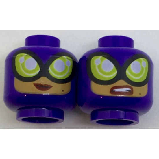 Minifigure, Head Dual Sided Female Balaclava, Large Lime Goggles, Medium Nougat Face, Smile / Sneer Pattern