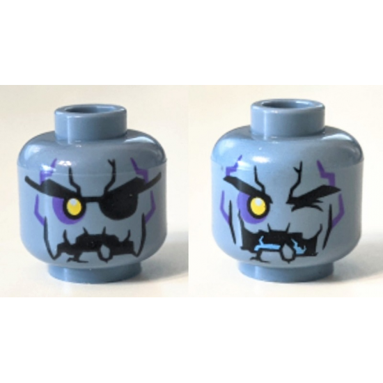 Minifigure, Head Dual Sided Alien with Yellow Right Eye, Eye Patch, Jagged Rock Mouth and Stone Cracks Pattern