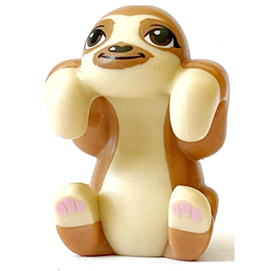 Sloth, Friends Style with Molded Tan Face, Stomach and Paws and Printed Reddish Brown Eyes with Single Eyelashes, Black Nose, Medium Nougat Eye Patches and Muzzle, Bright Pink Paw Pads Pattern