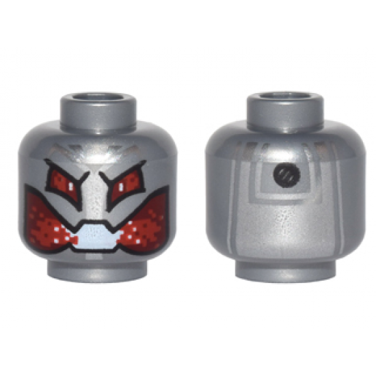 Minifigure, Head Alien with Robot Red Eyes and Mouth, Silver Panel and Black Rivet on Back Pattern