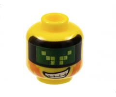 Minifigure, Head Male with Dark Green Pixelated Visor, Sideburns and Wide Grin with Teeth Pattern (Terabyte)