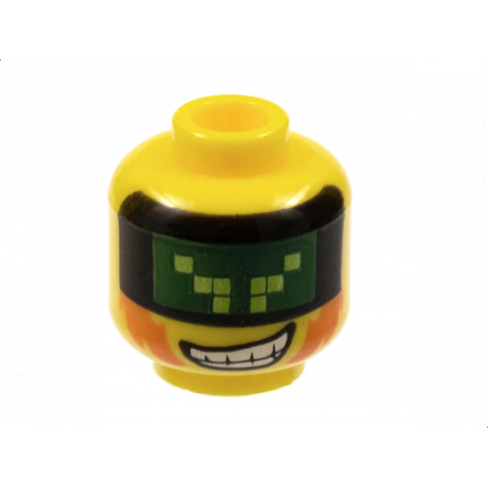 Minifigure, Head Male with Dark Green Pixelated Visor, Sideburns and Wide Grin with Teeth Pattern (Terabyte)