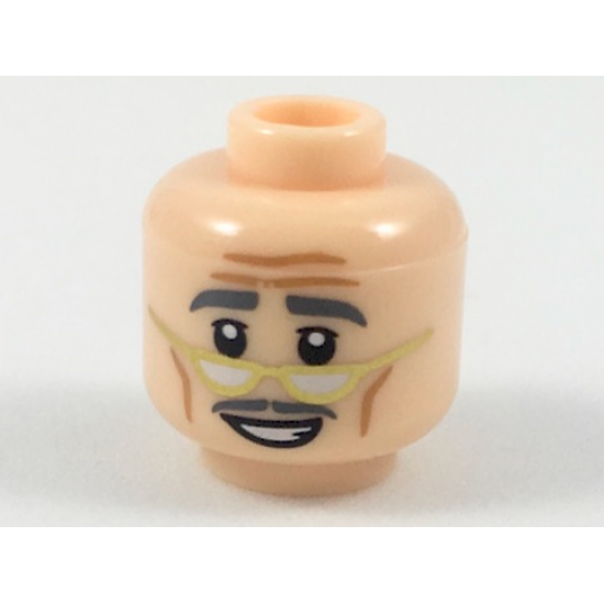 Minifigure, Head Forehead Lines, Dark Bluish Gray Eyebrows and Moustache, Gold Lowered Eyeglasses, Smiling Pattern