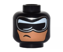 Minifigure, Head Balaclava, Black and White Mask with Silver Edge and Crooked, Off-Center Scowl on Nougat Face Pattern