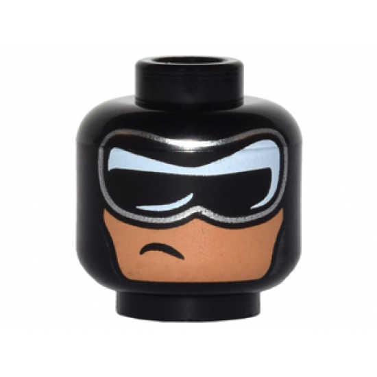 Minifigure, Head Balaclava, Black and White Mask with Silver Edge and Crooked, Off-Center Scowl on Nougat Face Pattern