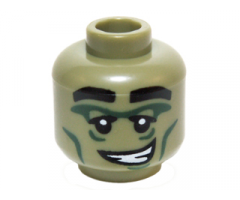 Minifigure, Head Alien with Black Eyebrows, Dark Green Eye and Cheek Lines, Crooked Smile with Teeth Pattern