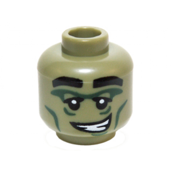 Minifigure, Head Alien with Black Eyebrows, Dark Green Eye and Cheek Lines, Crooked Smile with Teeth Pattern