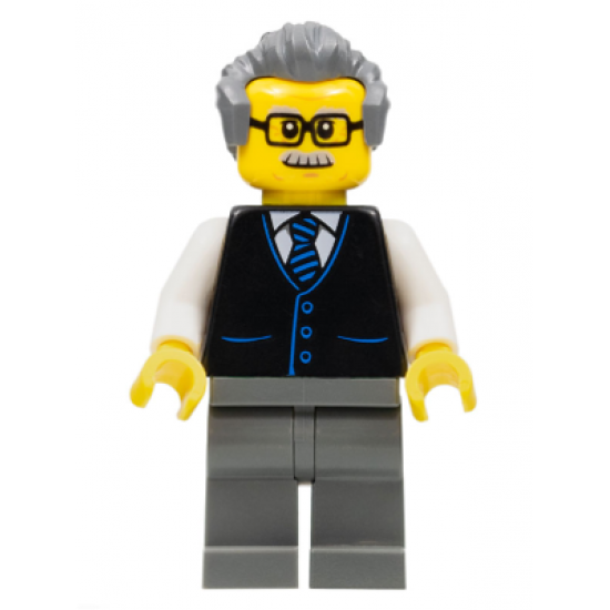 Launch Director - Male, Black Vest with Blue Striped Tie, Dark Bluish Gray Legs, Dark Bluish Gray Hair, Glasses and Moustache