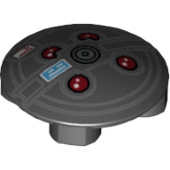 Plate, Round 2 x 2 with Rounded Bottom and Red Lights and Black Concentric Circles (Proton Pack) Pattern