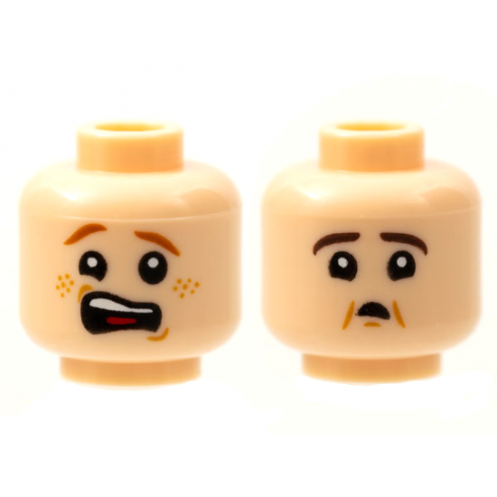 Minifigure, Head Dual Sided Scared Open Mouth with Dark Red Eyebrows and Freckles / Dark Brown Eyebrows and Small Mouth Pattern