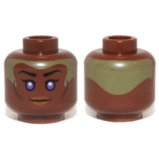 Minifigure, Head Female with Violet Eyes, Brown Lips and Pale Green Head Paint Pattern (SW Stass Allie)