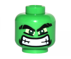 Minifigure, Head Alien with Black Thick Eyebrows, Yellow Eyes and Wide Grin with Teeth Pattern