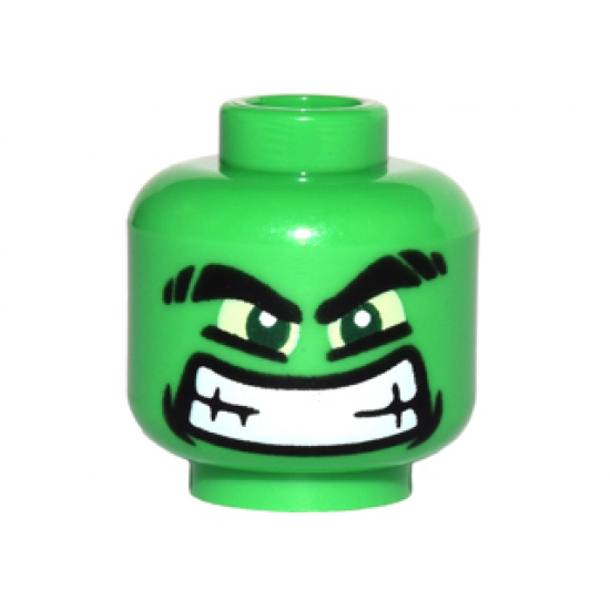 Minifigure, Head Alien with Black Thick Eyebrows, Yellow Eyes and Wide Grin with Teeth Pattern