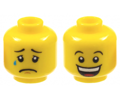 Minifigure, Head Dual Sided Black Concave Eyebrows, Upper Eyelids, Tear Drop, Chin Dimple, and Sad Frown / Huge Open Mouth Smile with Top Teeth and Red Tongue Pattern