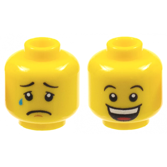 Minifigure, Head Dual Sided Black Concave Eyebrows, Upper Eyelids, Tear Drop, Chin Dimple, and Sad Frown / Huge Open Mouth Smile with Top Teeth and Red Tongue Pattern