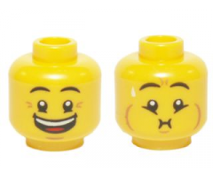 Minifigure, Head Dual Sided Eyebrows, Crow's Feet, Open Mouth Big Smile / Queasy Expression with Sweat Drop Pattern