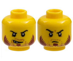 Minifigure, Head Dual Sided Beard Stubble Dark Red, Sideburns, Goatee, Curved Black Eyebrows, Lopsided Open Grin / Determined Pattern