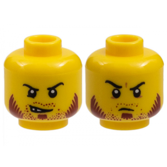 Minifigure, Head Dual Sided Beard Stubble Dark Red, Sideburns, Goatee, Curved Black Eyebrows, Lopsided Open Grin / Determined Pattern