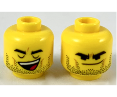Minifigure, Head Dual Sided Black Thick Eyebrows and Stubble, Closed Eyes Open Mouth / Smirk with Lowered Eyebrows Pattern