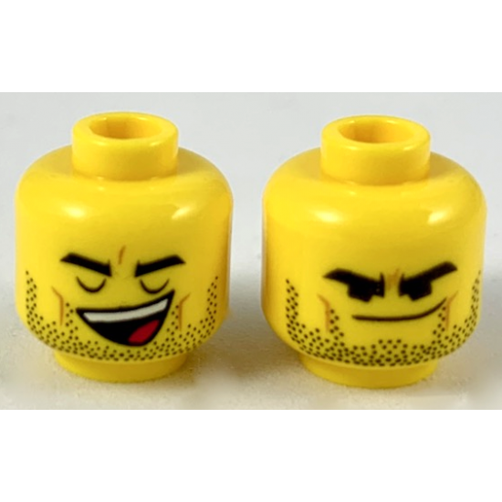 Minifigure, Head Dual Sided Black Thick Eyebrows and Stubble, Closed Eyes Open Mouth / Smirk with Lowered Eyebrows Pattern