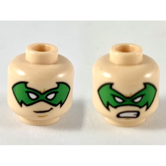 Minifigure, Head Dual Sided Green Bat-Shaped Domino Mask with White Eyes, Grin / Fierce Pattern