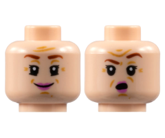 Minifigure, Head Dual Sided Female Reddish Brown Eyebrows, Black Double Eyelashes, Medium Nougat Dimples, Chin Dimple, Forehead Creases and Wrinkles, Dark Pink Lips, Grin / Surprised Open Mouth and Left Eyebrow Raised Pattern