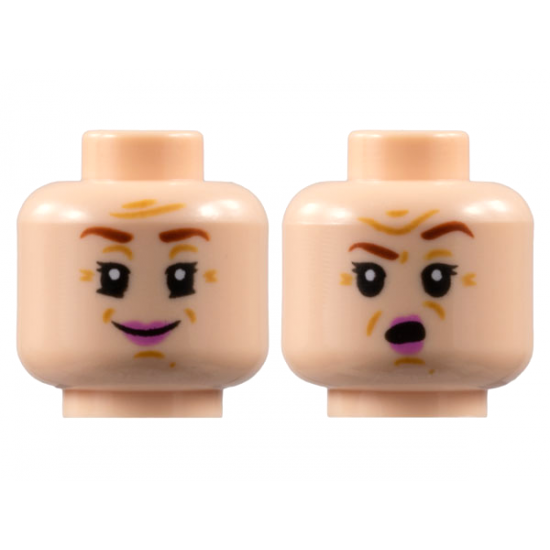Minifigure, Head Dual Sided Female Reddish Brown Eyebrows, Black Double Eyelashes, Medium Nougat Dimples, Chin Dimple, Forehead Creases and Wrinkles, Dark Pink Lips, Grin / Surprised Open Mouth and Left Eyebrow Raised Pattern