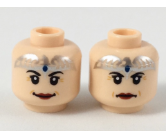Minifigure, Head Dual Sided Female Silver Tiara with Blue Stone, Dark Red Lips, Smile / Slight Frown Pattern