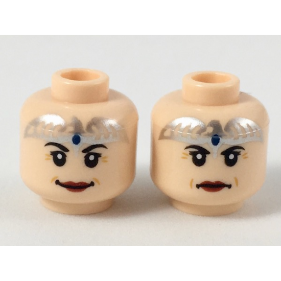 Minifigure, Head Dual Sided Female Silver Tiara with Blue Stone, Dark Red Lips, Smile / Slight Frown Pattern
