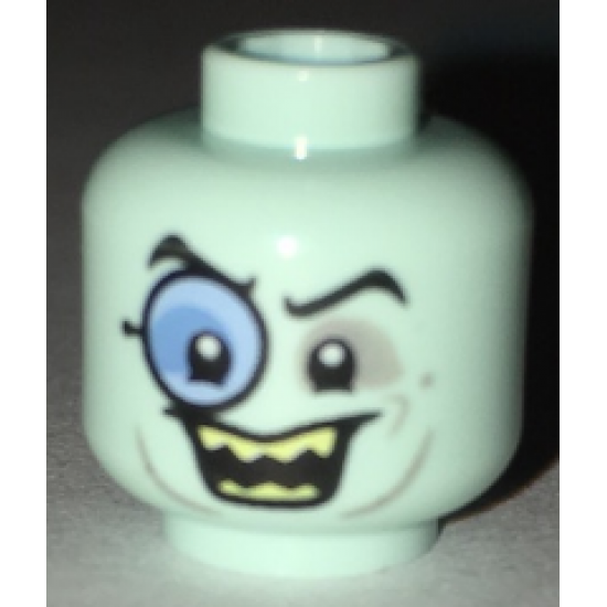 Minifigure, Head Glasses with Blue Monocle, Black Eyebrows, Gray Around Eyes, Open Smile with Sharp Teeth Pattern