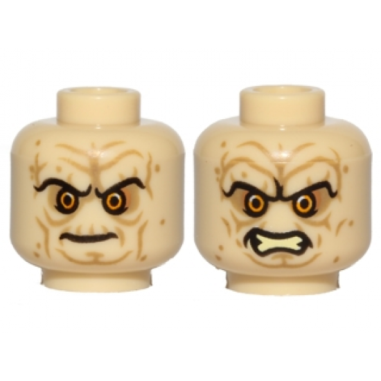 Minifigure, Head Dual Sided Wrinkles, Sunken Yellow Eyes, Black Long Eyebrows, Stern / Bared Teeth Angry Pattern (SW Palpatine)